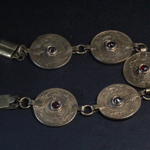 Antique Revival Sterling Silver Vermeil Coin Garnet Bracelet - Picture 7 of 8